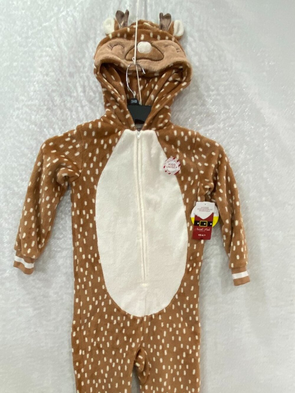 North Pole Deer Union Suit Pajamas Hooded Kids 6/7 XS Brown Plush Fleece